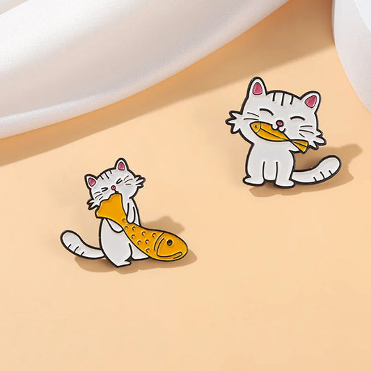 Cat Eating Fish Enamel Brooch Pin Anime Lapel Badge Fashion Jewelry Accessories Gifts