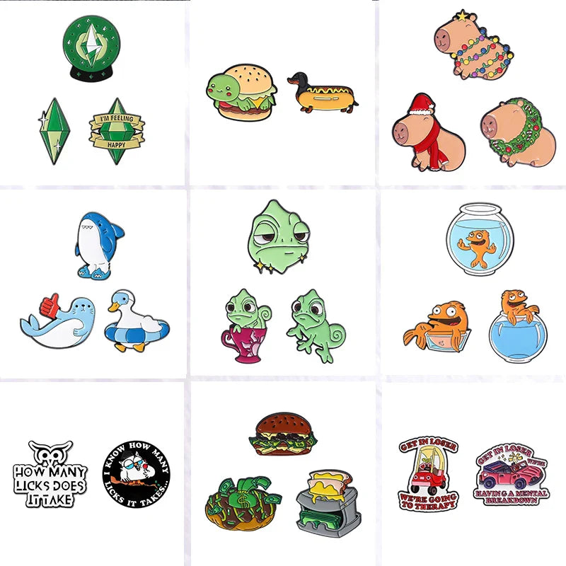 Cartoon Animal Enamel Pins Set: Goldfish, Shark, Burger, Turtle, Hotdog, Dachshund Brooch Lapel Badge