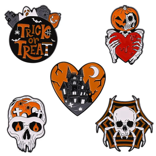 Halloween Enamel Pin Set: Skull, Ghost, Devil, Pumpkin Badges for Clothes & Bags