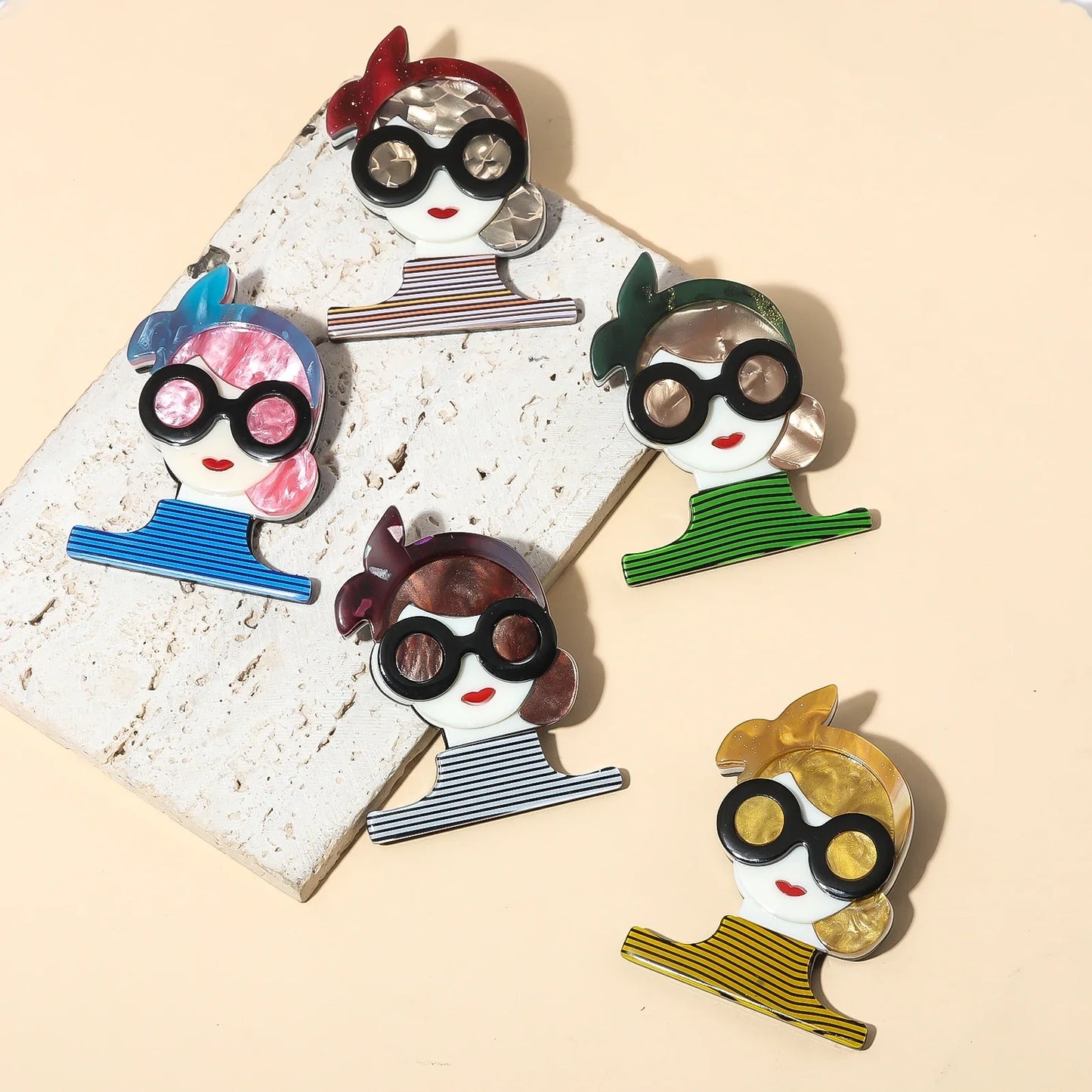Colorful Stripes Bowknot Glasses Lady Brooch Acrylic Pin Gift