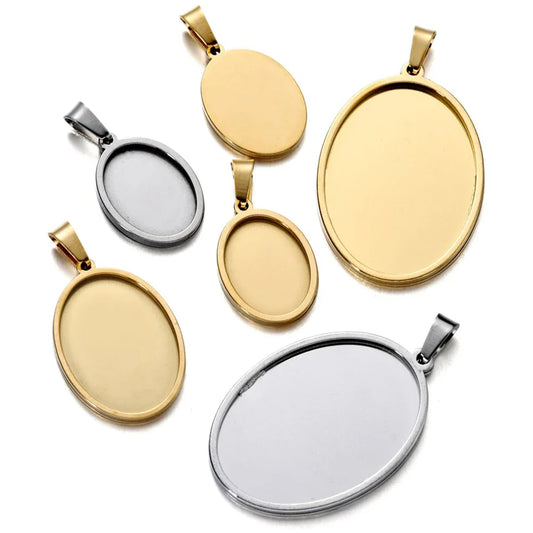 5Pcs Stainless Steel Oval Cabochon Pendant Base for DIY Jewelry Making