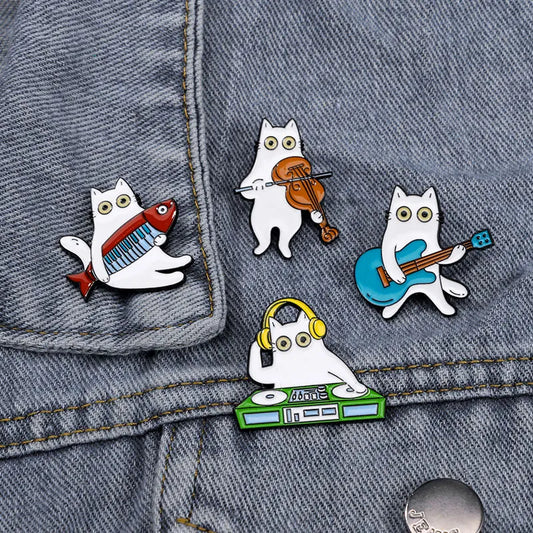 Musical Cat Enamel Brooches Bass Guitar DJ Kitten Pins Gift