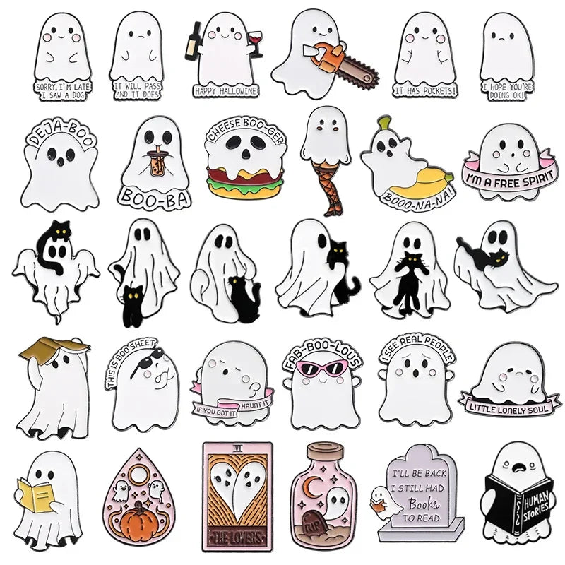 Cartoon Ghost Enamel Pin Black Cat Brooch Halloween Lapel Badge Jewelry