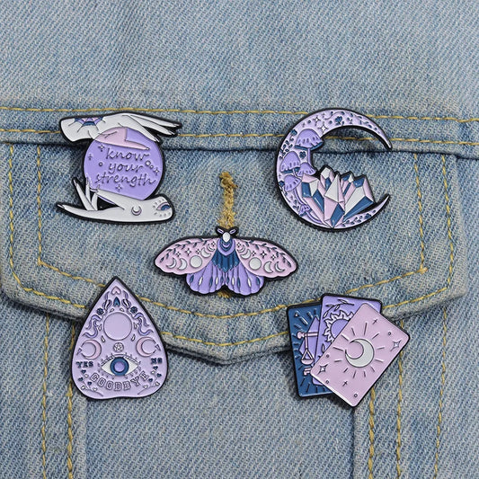Purple Magic Tarot Enamel Pins Butterfly Brooches Crystal Moon Jewelry Gift Wholesale