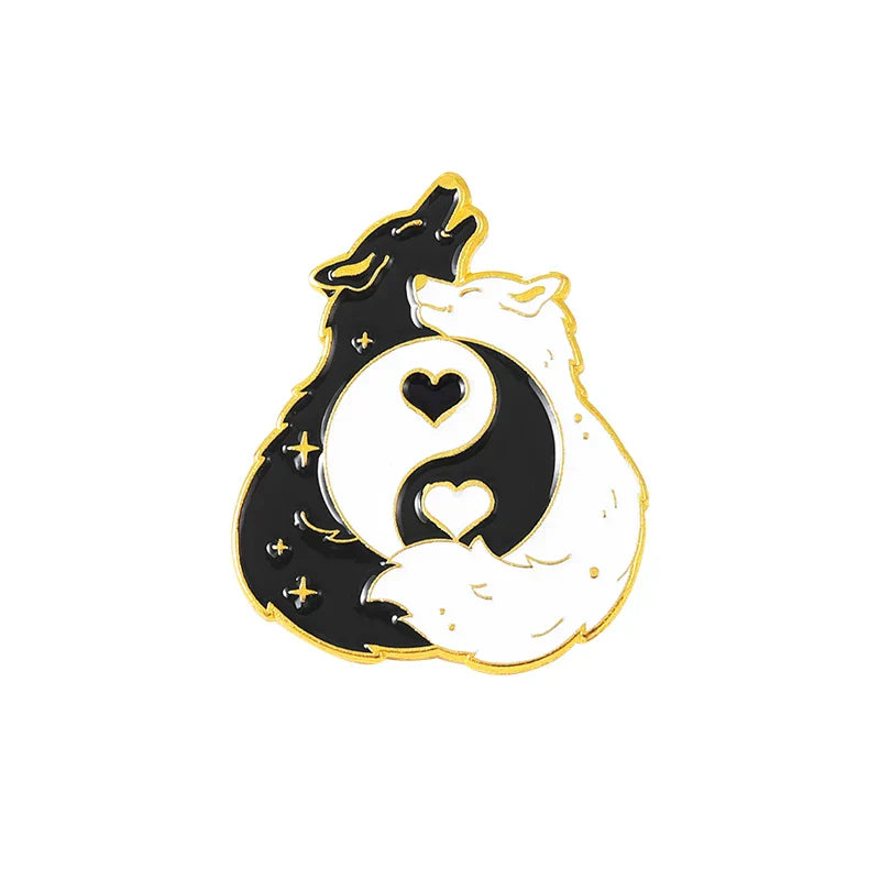 Black White Animal Enamel Pins: Cat, Fox, Koi Badges, Lapel Brooch Jewelry Gifts