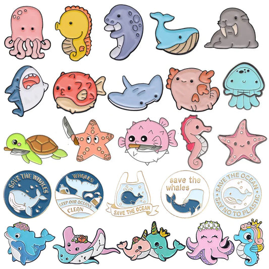 Sea Animal Brooch Octopus Seahorse Whale Shark Puffer Fish Jellyfish Turtle Metal Lapel Pin Jewelry Gift