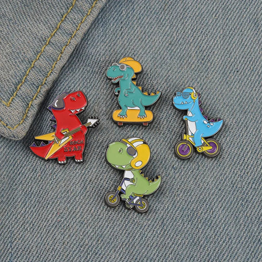 Cartoon Dinosaur Skateboard Guitar Enamel Pins Cute Animal Brooches Lapel Badges