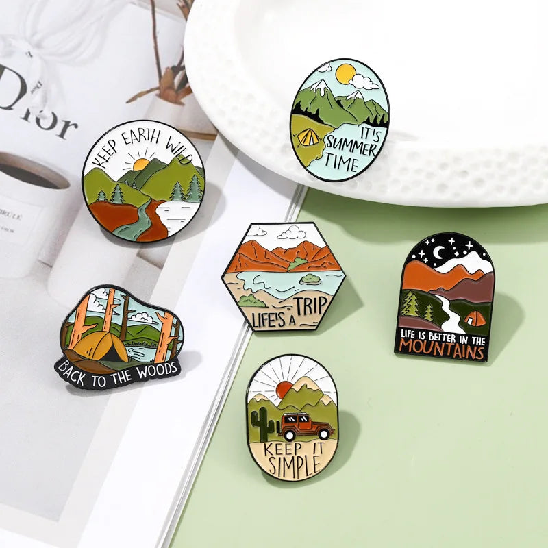Camping Hiking Slogan Metal Badges Brooch Enamel Pins Backpack Hat Jewelry Gift