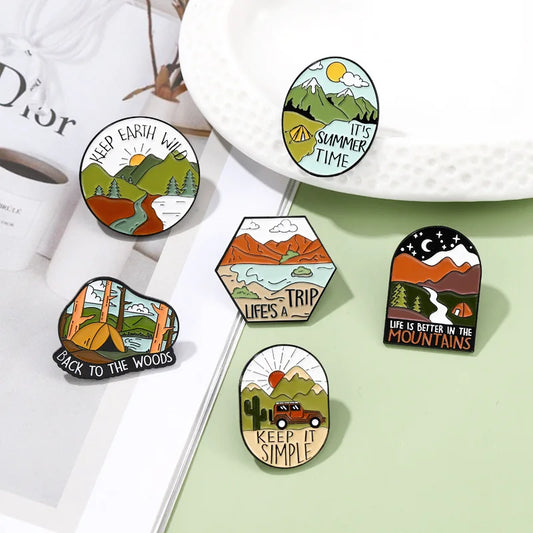 Camping Hiking Slogan Metal Badges Brooch Enamel Pins Backpack Hat Jewelry Gift