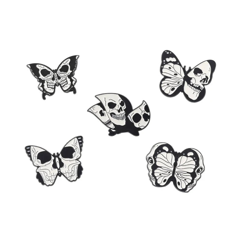 Punk Black Enamel Pin Moth Skeleton Skull Gothic Brooch Lapel Jewelry