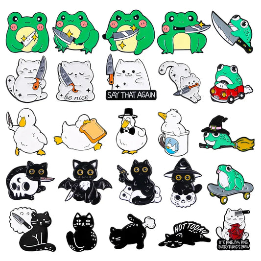 Fun Frog Knife Enamel Pin Magic Skull Witch Cat Duck Brooch Cute Lapel Jewelry Gift