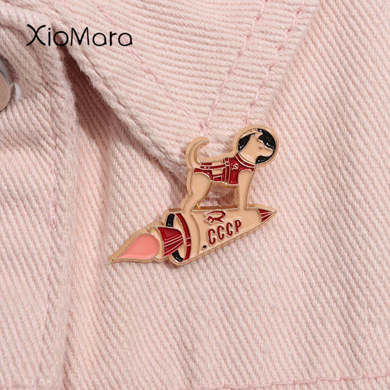Space Rocket Dog Enamel Pin Astronaut Brooch Lapel Badge Gift