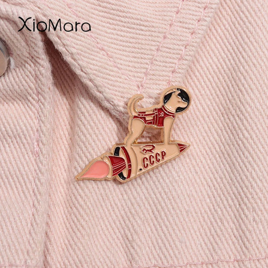 Space Rocket Dog Enamel Pin Astronaut Brooch Lapel Badge Gift