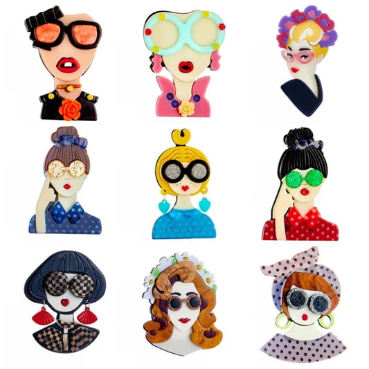 YAOLOGE Cute Girl Acrylic Brooches Glasses Lapel Pins Fashion Jewelry Gift