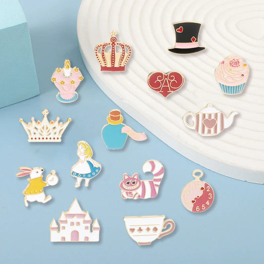 Cute Cat Castle Hat Rabbit Cake Crown Watch Teapot Alice Enamel Brooch Pin Wholesale