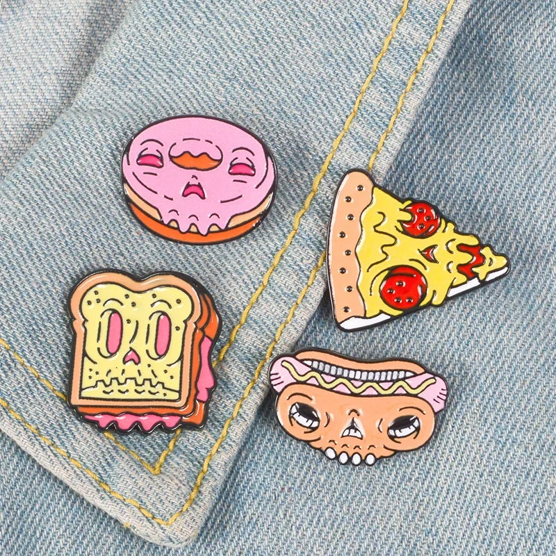Cartoon Food Enamel Pin Set: Pizza, Hot Dog, Sandwich, Donut Brooch