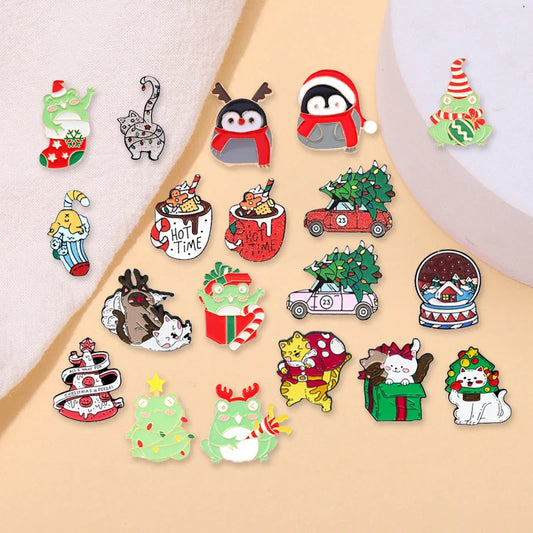 Cartoon Christmas Tree Car Socks Frog Penguin Cat Santa Elk Brooch Badge Jewelry Gift