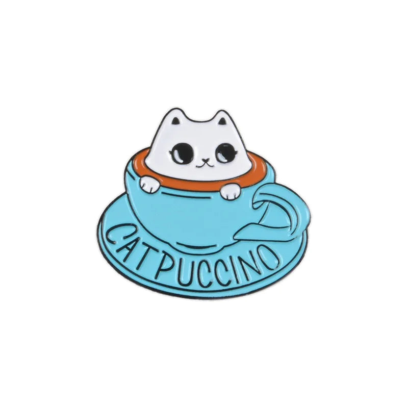 Cat Coffee Enamel Pin Cute Animal Brooch Lapel Badge Gift