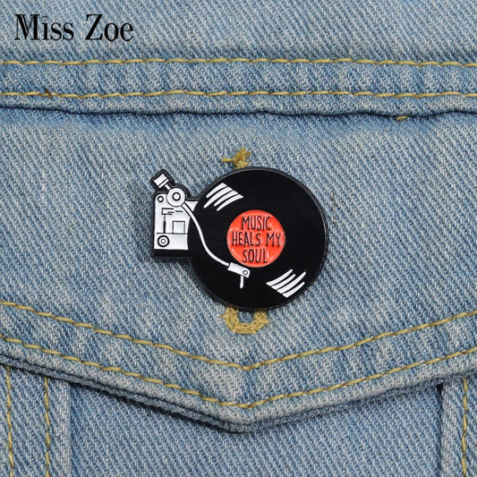 Retro Music Records Enamel Pins - MUSIC HEALS MY SOUL Brooches Lapel Badges Jewelry Gift
