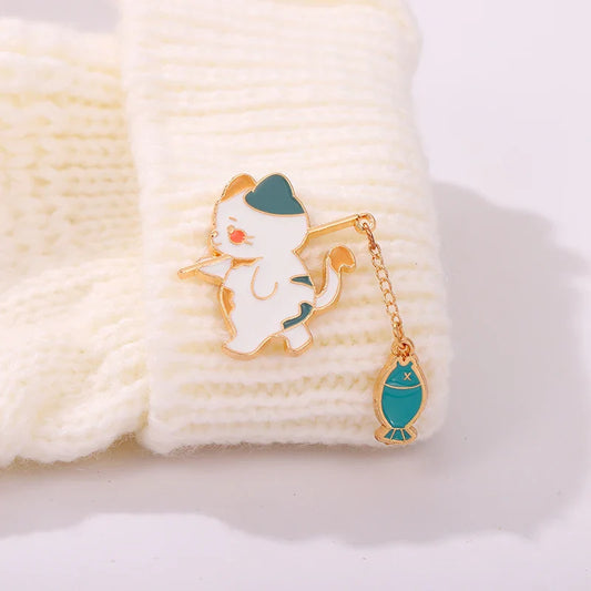 Cats Fish Enamel Pin Kawaii Vintage Brooch Lapel Jewelry Accessories Gifts