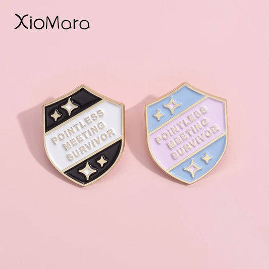 Pointless Meeting Survivor Enamel Pins Cartoon Shield Brooches Lapel Badges Gift