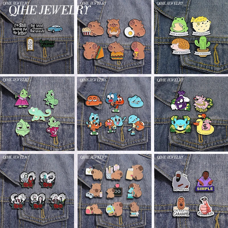 Funny Animal Enamel Pins Set - Cat, Capybara, Chameleon Brooches for Backpack or Lapel