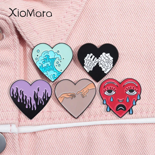Creative Heart Enamel Pin Crying Skeleton Flame Brooch Lapel Badge Jewelry Gift