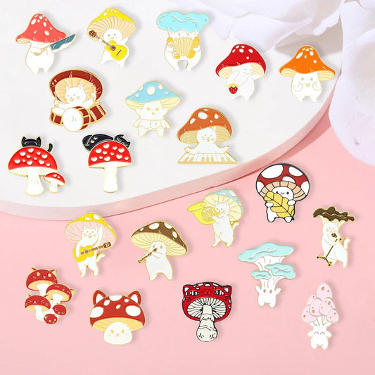Cartoon Mushroom Cat Guitarist Pianist Enamel Brooch Jewelry Gift