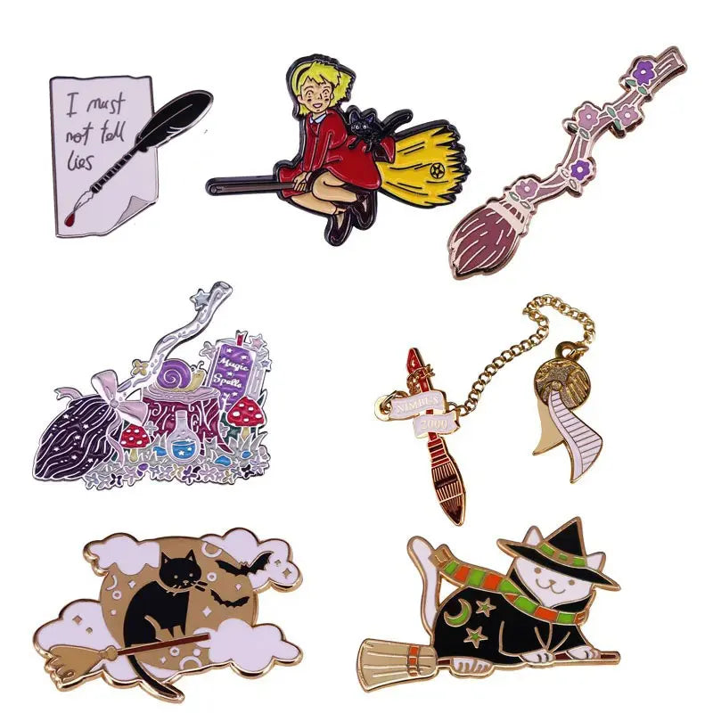 Magic Broom & Pen Enamel Pins Lapel Brooch Badge for Jackets & Backpacks