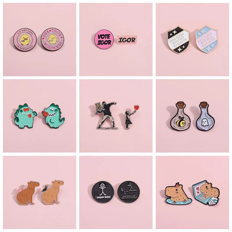 Cartoon Animal Enamel Pin Set: Capybara, Duck, Dinosaur, Moth Brooches for Kids & Friends