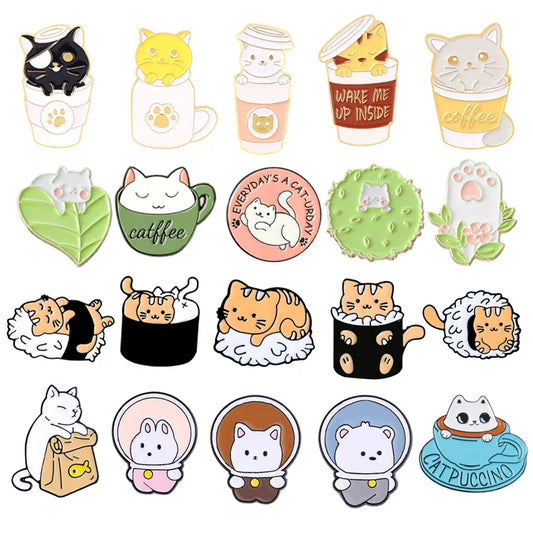 Cat Enamel Pins Coffee Cup Kawaii Pet Metal Badges Backpack Accessories Gift
