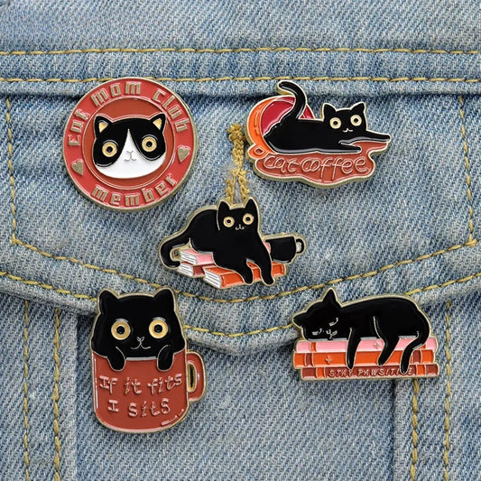Cat Mom Club Enamel Pins: Sleeping Kitten Coffee Book Brooch Lapel Badges Jewelry Gift Wholesale
