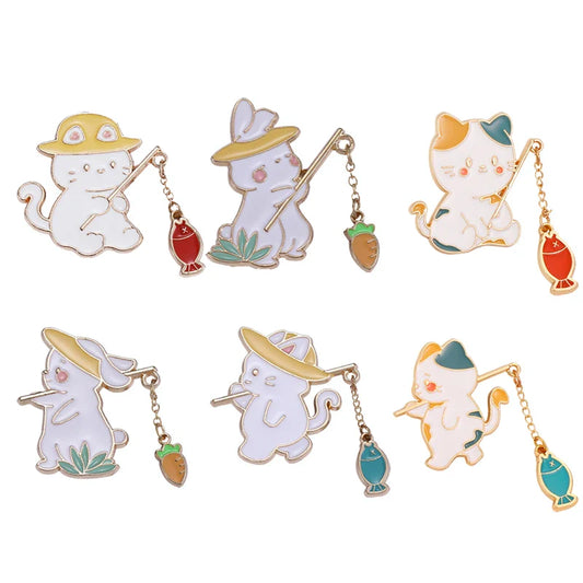 Cat Fishing Rabbit Enamel Pin Brooch Jewelry Lapel Pin Gift