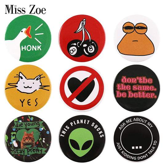 Tinplate Anime Animal Brooch Pin: Goose, Frog, Cat, Alien, Cherry Lapel Badge for Hat/Bag
