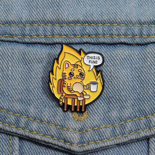 Flame Coffee Cat Enamel Pins Brooches Lapel Badges Cartoon Animal Jewelry Gift
