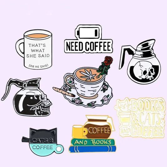 Coffee Lover Pin Badge Cat Skull Latte Brooch Wholesale Jewelry Gifts