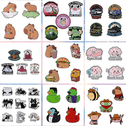 Cute Animal Enamel Pins Set: Frog, Burger, Capybara, Black Cat Brooch Lapel Badge