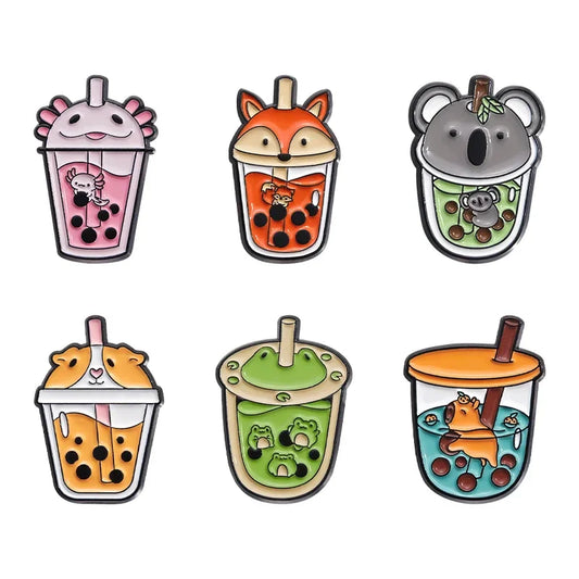 Cartoon Animal Enamel Pin Brooches: Hippo, Fox, Frog, Pearl Milk Tea - Cute Backpack Lapel Jewelry Gifts