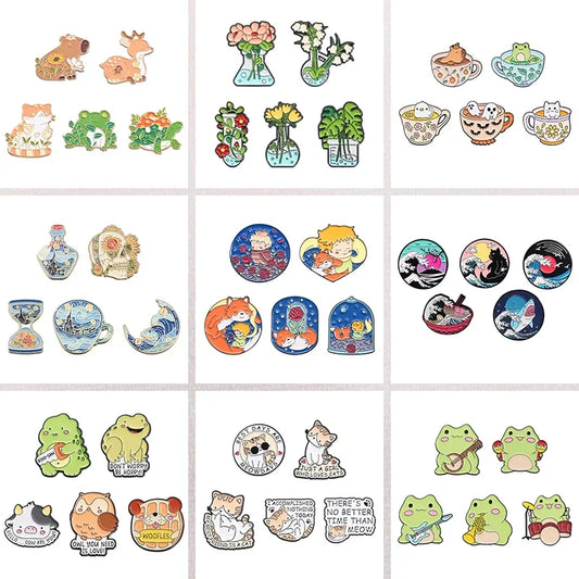 Cartoon Anime Boy & Fox Enamel Pins Set - Cute Animal Plant Brooches Jewelry Gifts