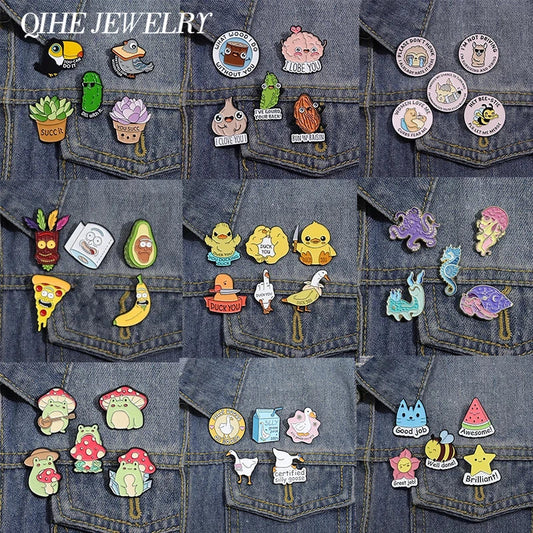 Cute Animal Enamel Pins: Duck, Mushroom, Frog Brooches