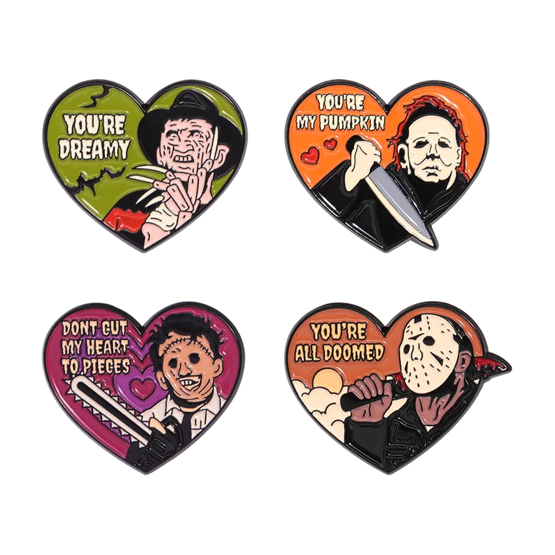 Horror Movie Enamel Pins: Michael, Freddie, Jason Heart Badges Lapel Brooches Halloween Gift