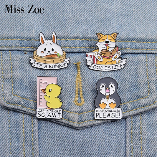 Custom Cartoon Animal Enamel Pins: Rabbit, Corgi, Duck, Penguin Brooches - "Life is Short So Am I" Jewelry Gift