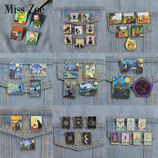 Oil Painting Enamel Pins Set Tarot Cat Brooches Gothic Jewelry Gift
