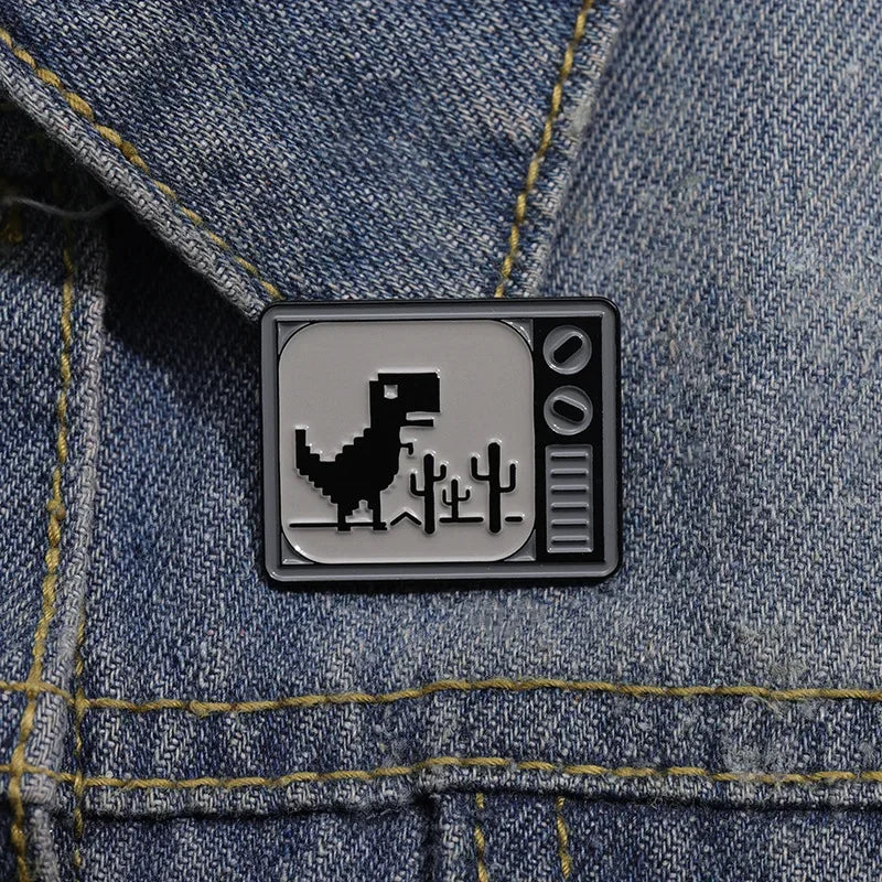 Jurassic Dinosaur Black White Metal Brooch Pin Accessory for Backpacks