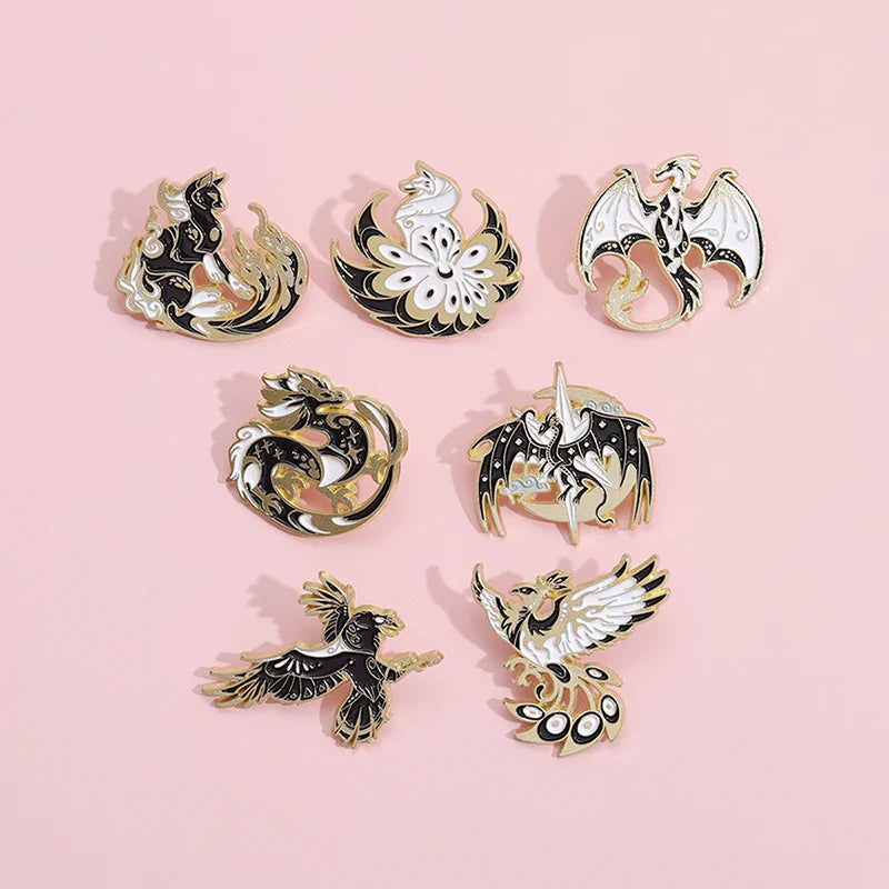 Gothic Angel Wings Enamel Pin Black White Cat Brooch Lapel Badge Wholesale Accessories