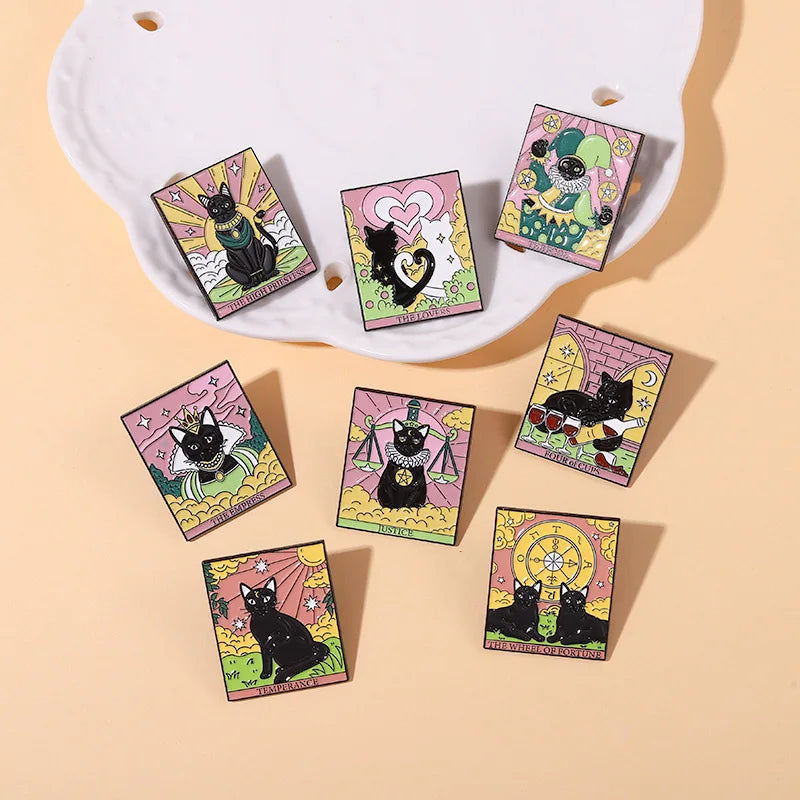 Tarot Black Cat Enamel Pin Cartoon Brooch Jewelry Hat Backpack Badge Gifts
