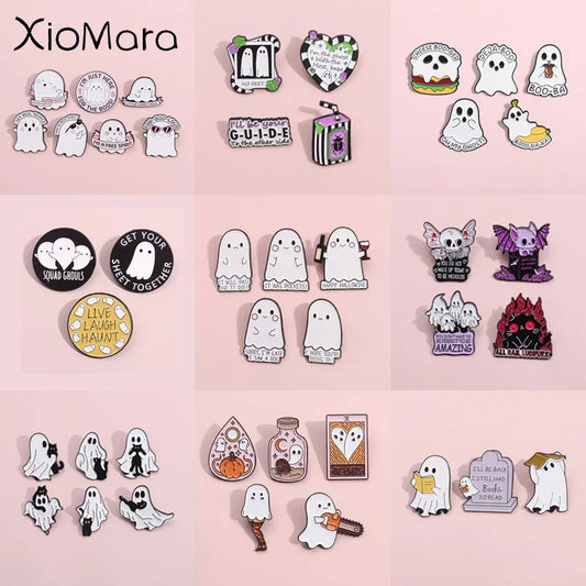 Ghost Enamel Pins Set Halloween Cartoon Metal Brooch Lapel Badge Gifts