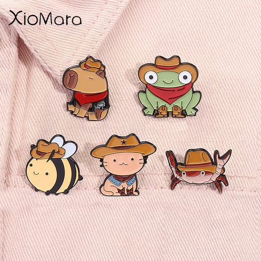 Cool Animal Enamel Pins: Cowboy Hat Duck, Capybara, Frog, Cat Brooches - Funny Jewelry Gifts