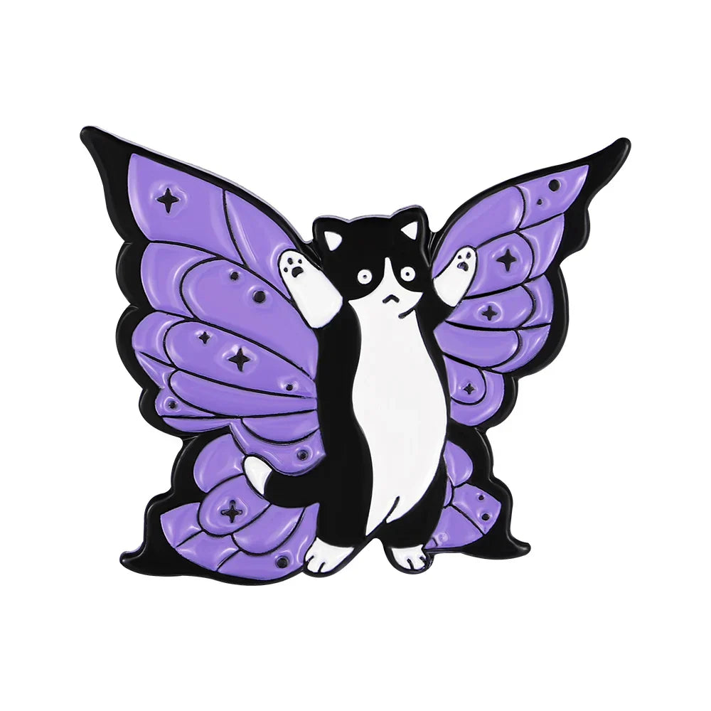 Cute Cat Enamel Pins Set: Purple Wings, Magician, Black & White Punk Cat Brooches for Backpack or Clothes