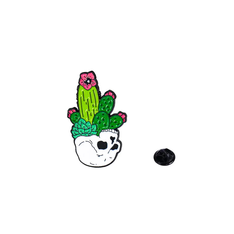Green Cactus Enamel Pin Cat Guitarist Skull Flower Brooch Lapel Jewelry Gift